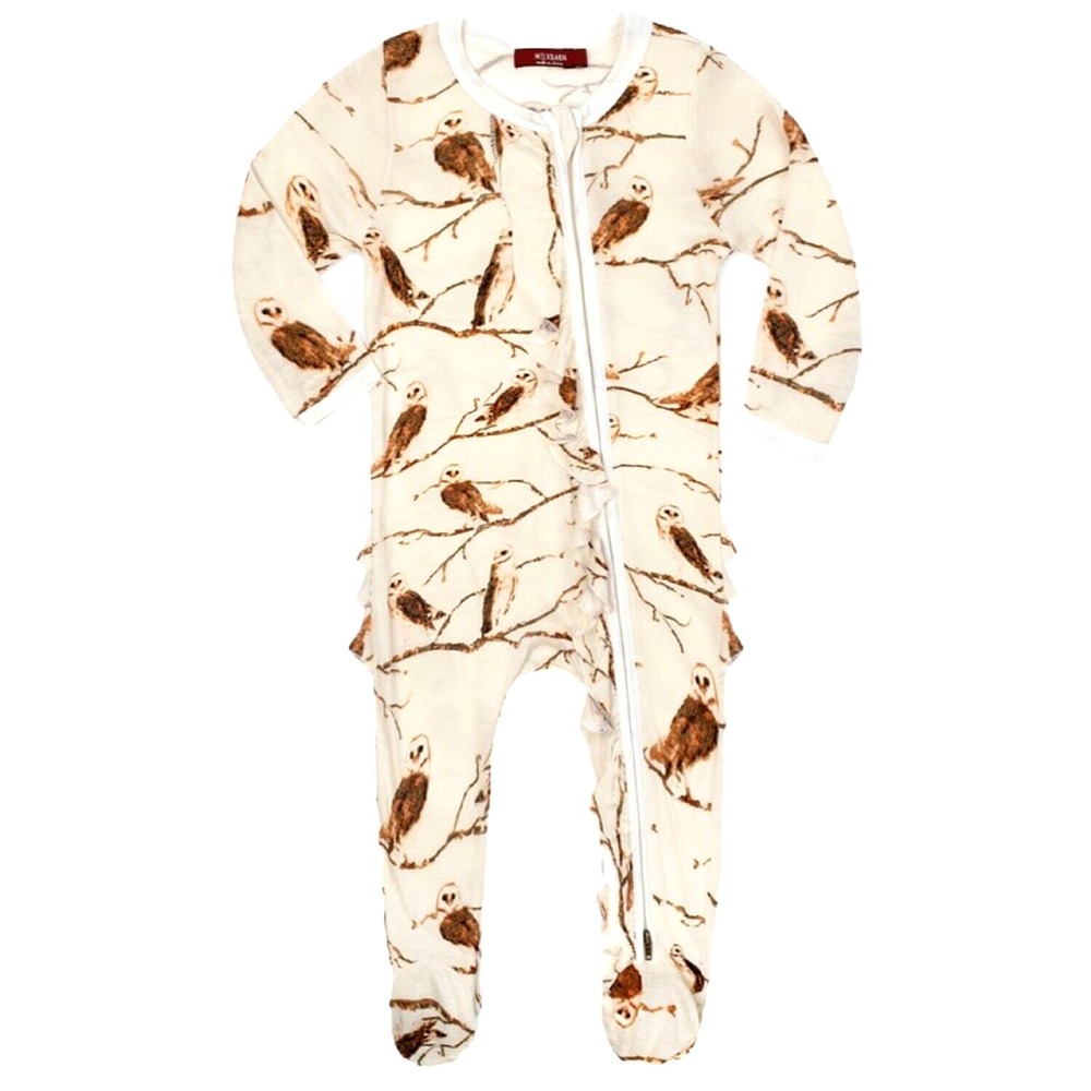 Milkbarn Baby 3 6  Mos Beige Owl Bamboo Rayon Ruffle Bum Footed‎ 1pc Sleeper Zip
